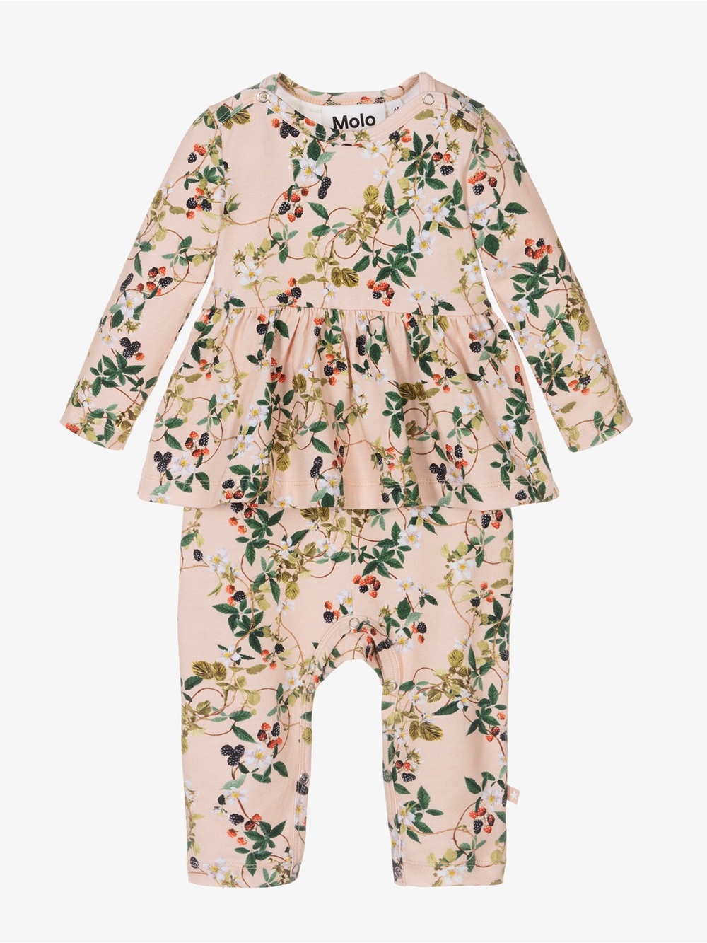 Molo Light Pink Floral Long-Sleeve Peplum Oragnic Cotton Jumpsuit 18-24 months
